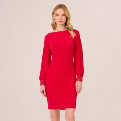 Adrianna Papell Long Sleeve Draped Jersey Dress With Beaded Cuffs In Hot Ruby