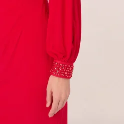 Adrianna Papell Long Sleeve Draped Jersey Dress With Beaded Cuffs In Hot Ruby 11 Adrianna Papell Long Sleeve Draped Jersey Dress With Beaded Cuffs In Hot Ruby -Glam Mirth Sales AP1D105124 AU610 Regular Detail