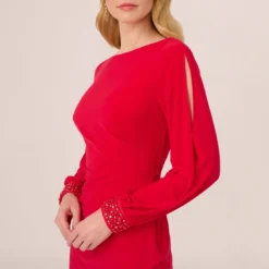 Adrianna Papell Long Sleeve Draped Jersey Dress With Beaded Cuffs In Hot Ruby 9 Adrianna Papell Long Sleeve Draped Jersey Dress With Beaded Cuffs In Hot Ruby -Glam Mirth Sales AP1D105124 AU610 Regular Lifestyle