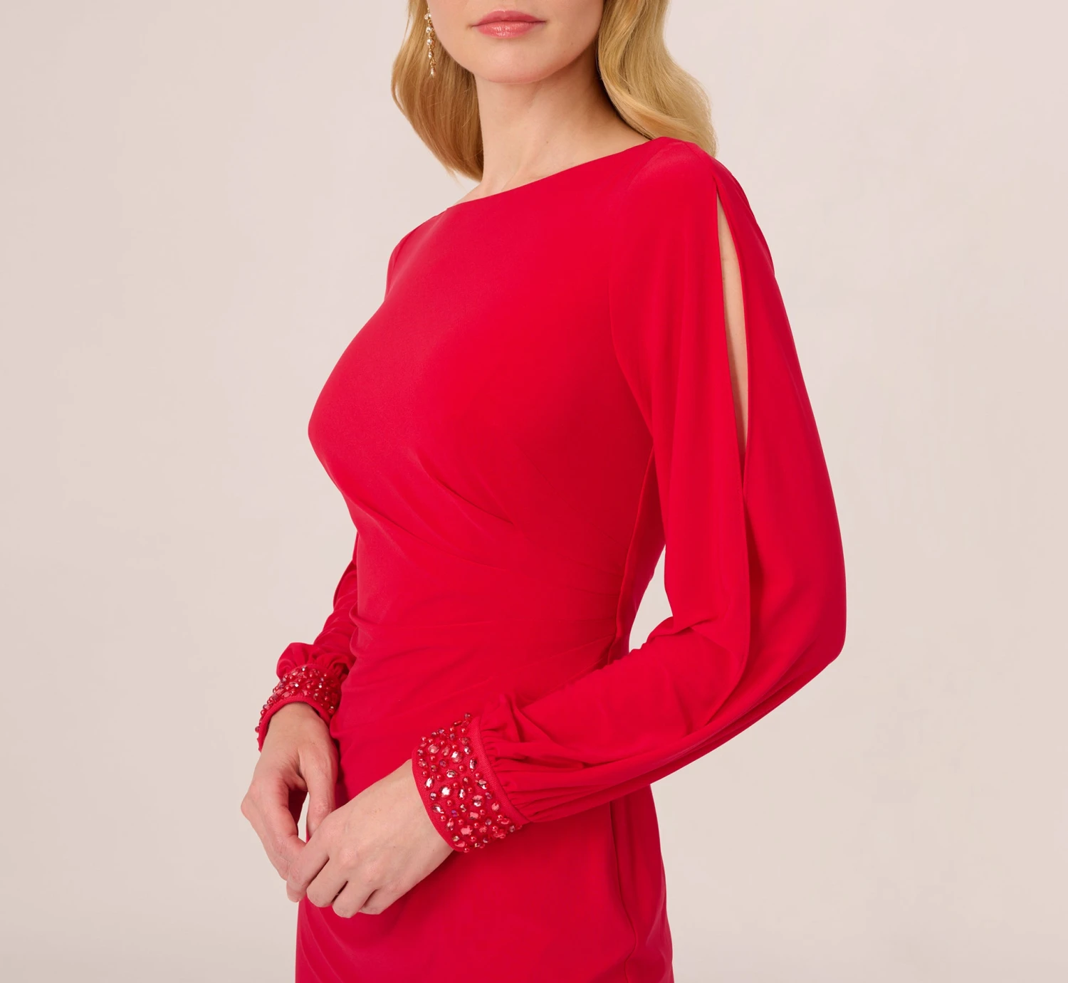 Adrianna Papell Long Sleeve Draped Jersey Dress With Beaded Cuffs In Hot Ruby 3 Adrianna Papell Long Sleeve Draped Jersey Dress With Beaded Cuffs In Hot Ruby - Image 3
