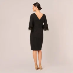 Adrianna Papell Metallic Knit Sheath Dress With Feather Trim Sleeves In Black 10 Adrianna Papell Metallic Knit Sheath Dress With Feather Trim Sleeves In Black -Glam Mirth Sales AP1D105126 AA002 Regular Back