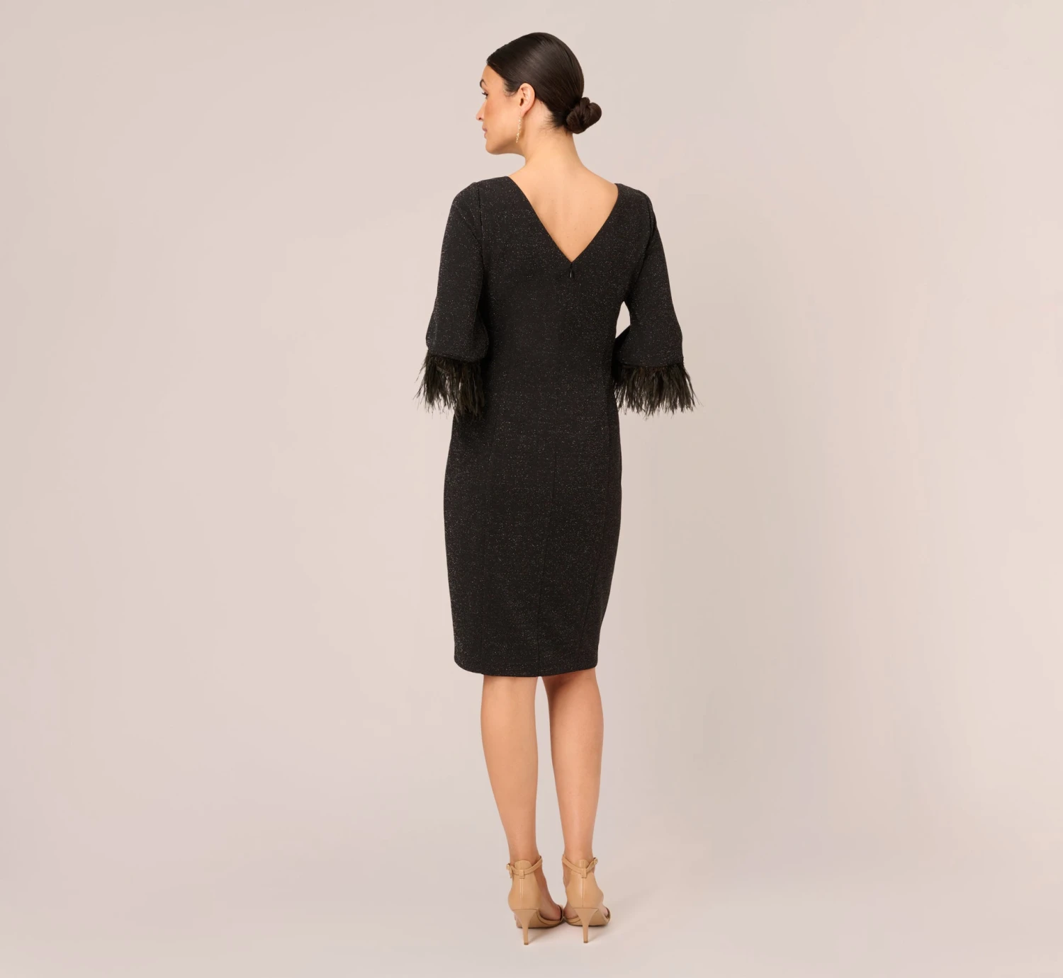 Adrianna Papell Metallic Knit Sheath Dress With Feather Trim Sleeves In Black 4 Adrianna Papell Metallic Knit Sheath Dress With Feather Trim Sleeves In Black - Image 4