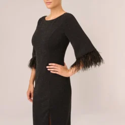 Adrianna Papell Metallic Knit Sheath Dress With Feather Trim Sleeves In Black 9 Adrianna Papell Metallic Knit Sheath Dress With Feather Trim Sleeves In Black -Glam Mirth Sales AP1D105126 AA002 Regular Detail