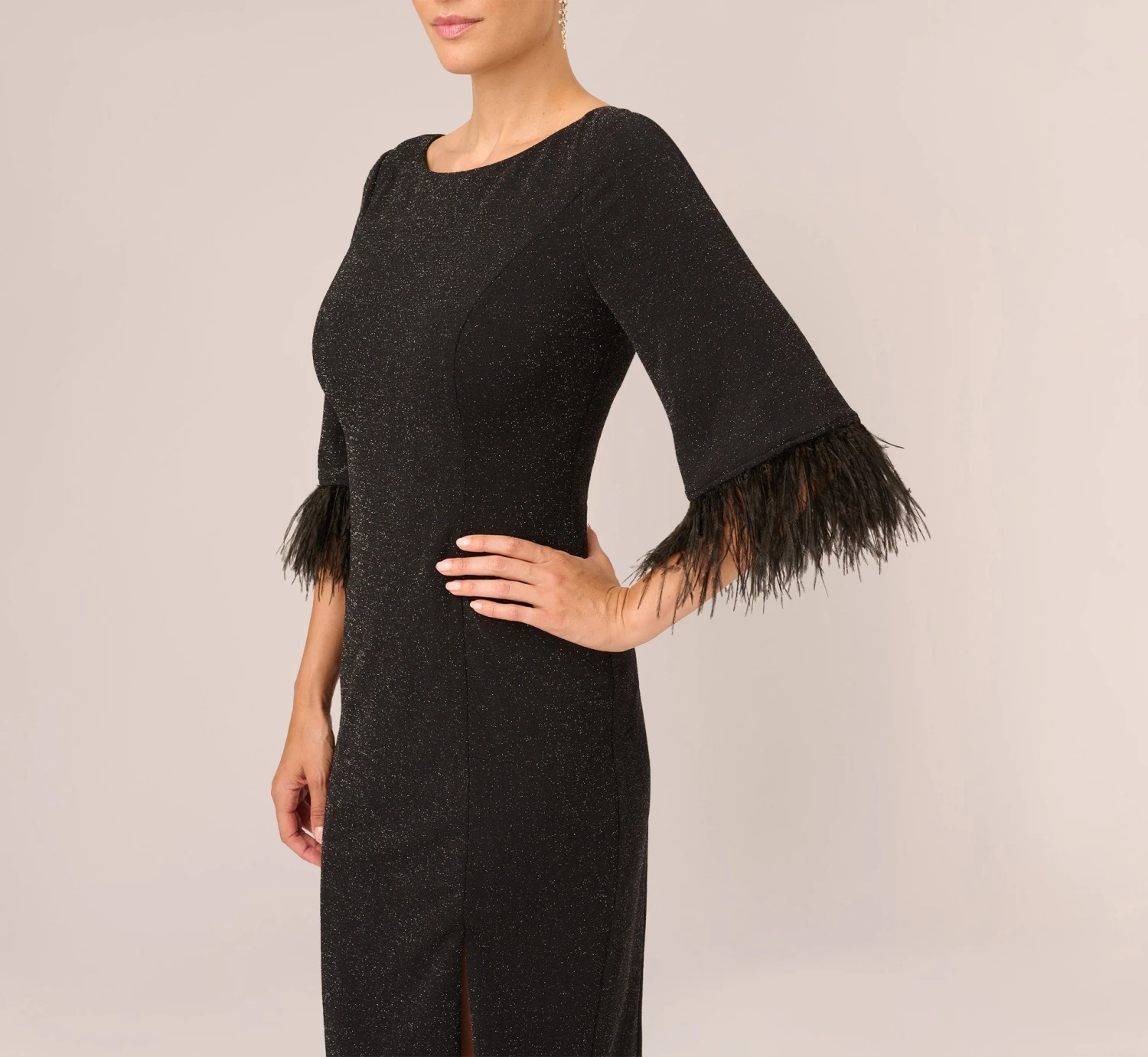 Adrianna Papell Metallic Knit Sheath Dress With Feather Trim Sleeves In Black 3 Adrianna Papell Metallic Knit Sheath Dress With Feather Trim Sleeves In Black - Image 3