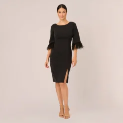 Adrianna Papell Metallic Knit Sheath Dress With Feather Trim Sleeves In Black 12 Adrianna Papell Metallic Knit Sheath Dress With Feather Trim Sleeves In Black -Glam Mirth Sales AP1D105126 AA002 Regular Front