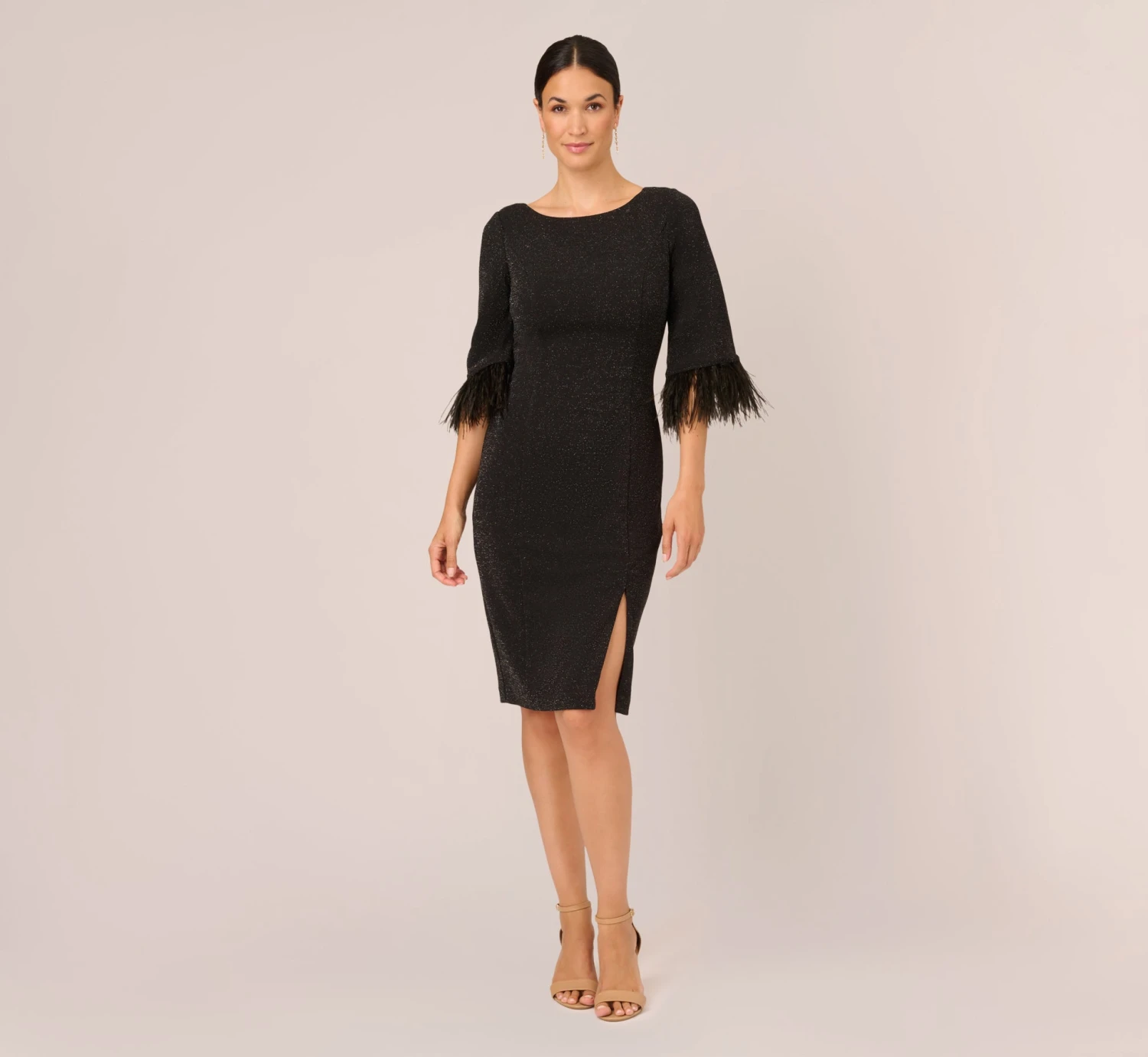 Adrianna Papell Metallic Knit Sheath Dress With Feather Trim Sleeves In Black 6 Adrianna Papell Metallic Knit Sheath Dress With Feather Trim Sleeves In Black - Image 6