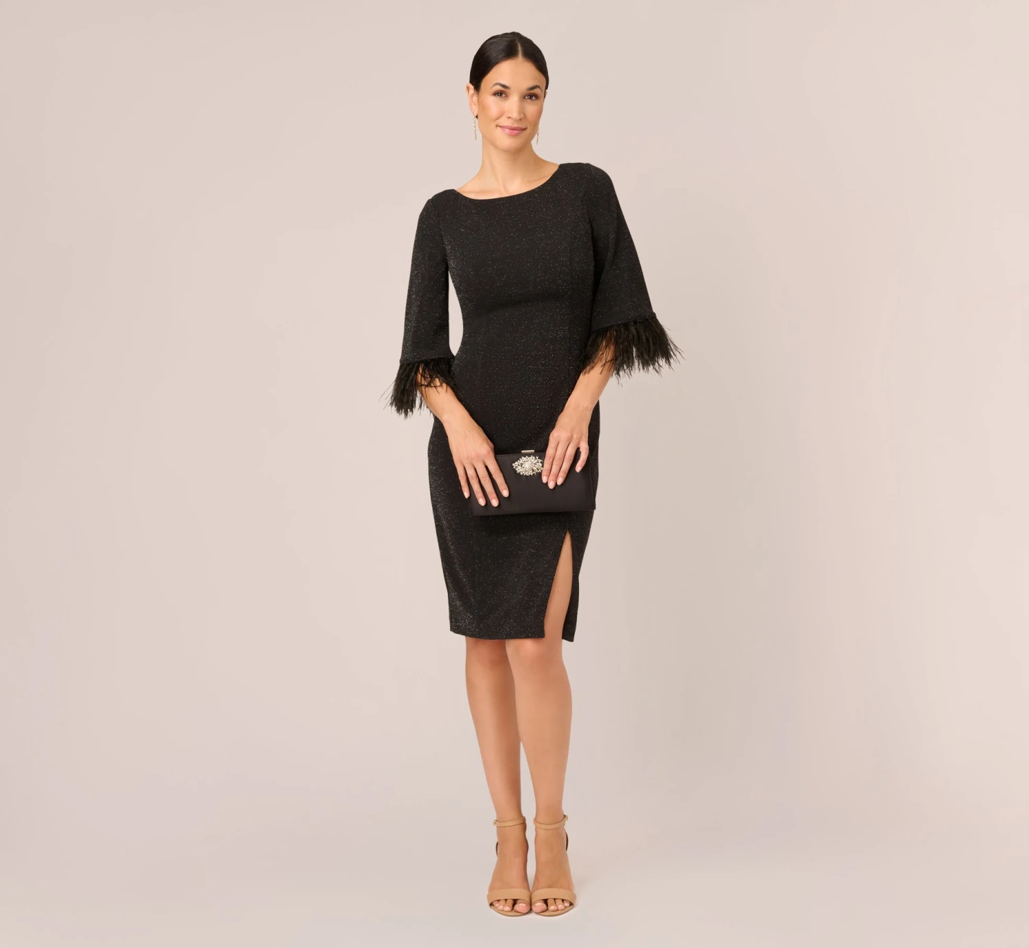 Adrianna Papell Metallic Knit Sheath Dress With Feather Trim Sleeves In Black 2 Adrianna Papell Metallic Knit Sheath Dress With Feather Trim Sleeves In Black - Image 2