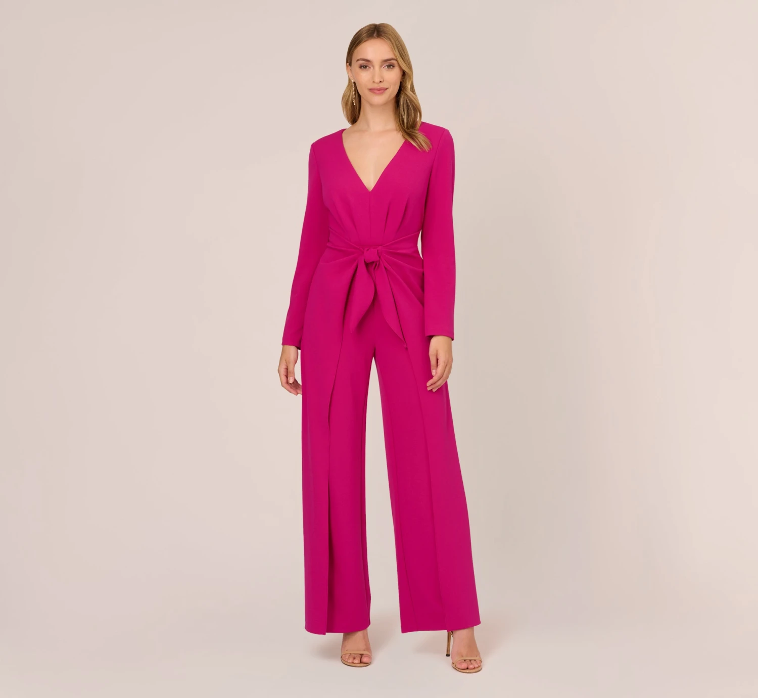 Adrianna Papell Long Sleeve Crepe Jumpsuit With Tie Front In Hot Orchid 1 Adrianna Papell Long Sleeve Crepe Jumpsuit With Tie Front In Hot Orchid