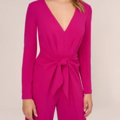Adrianna Papell Long Sleeve Crepe Jumpsuit With Tie Front In Hot Orchid 9 Adrianna Papell Long Sleeve Crepe Jumpsuit With Tie Front In Hot Orchid -Glam Mirth Sales AP1D105130 BA670 Regular Lifestyle