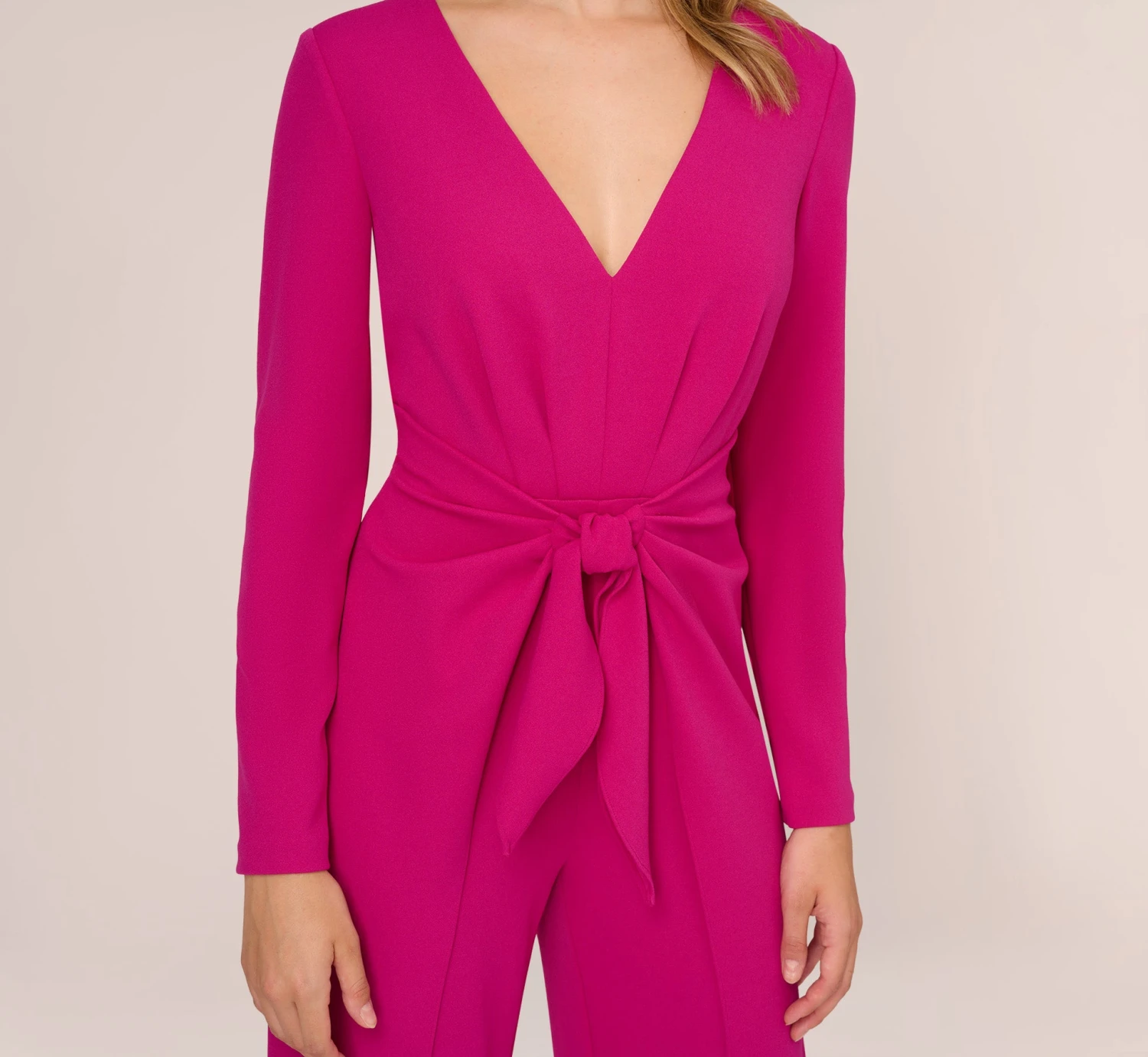 Adrianna Papell Long Sleeve Crepe Jumpsuit With Tie Front In Hot Orchid 4 Adrianna Papell Long Sleeve Crepe Jumpsuit With Tie Front In Hot Orchid - Image 4