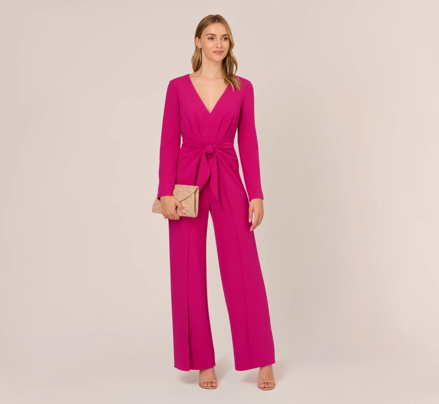 Adrianna Papell Long Sleeve Crepe Jumpsuit With Tie Front In Hot Orchid 2 Adrianna Papell Long Sleeve Crepe Jumpsuit With Tie Front In Hot Orchid - Image 2