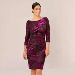 Adrianna Papell Metallic Burnout Velvet Dress With Shirred Details In Black Violet
