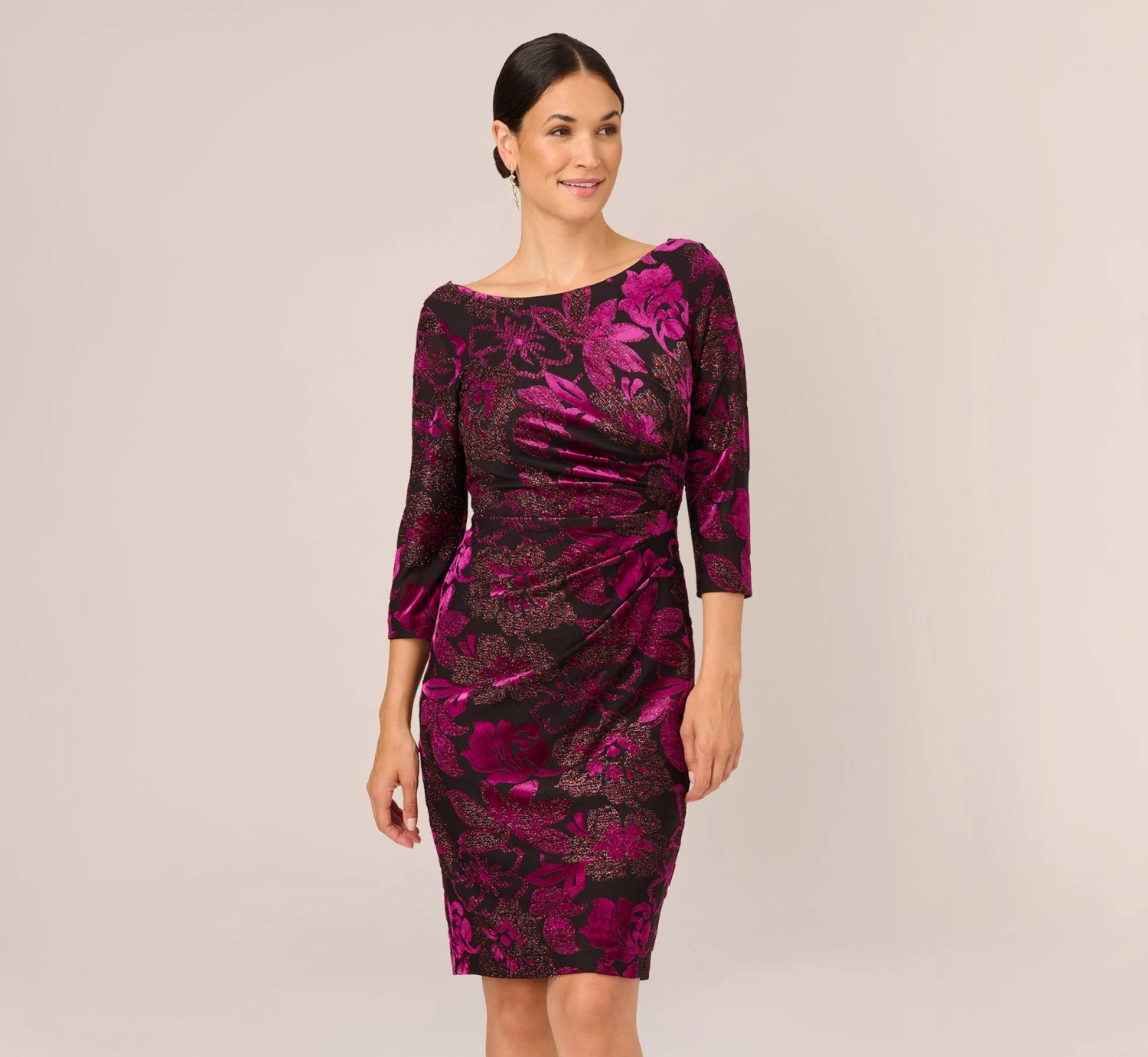 Adrianna Papell Metallic Burnout Velvet Dress With Shirred Details In Black Violet 1 Adrianna Papell Metallic Burnout Velvet Dress With Shirred Details In Black Violet
