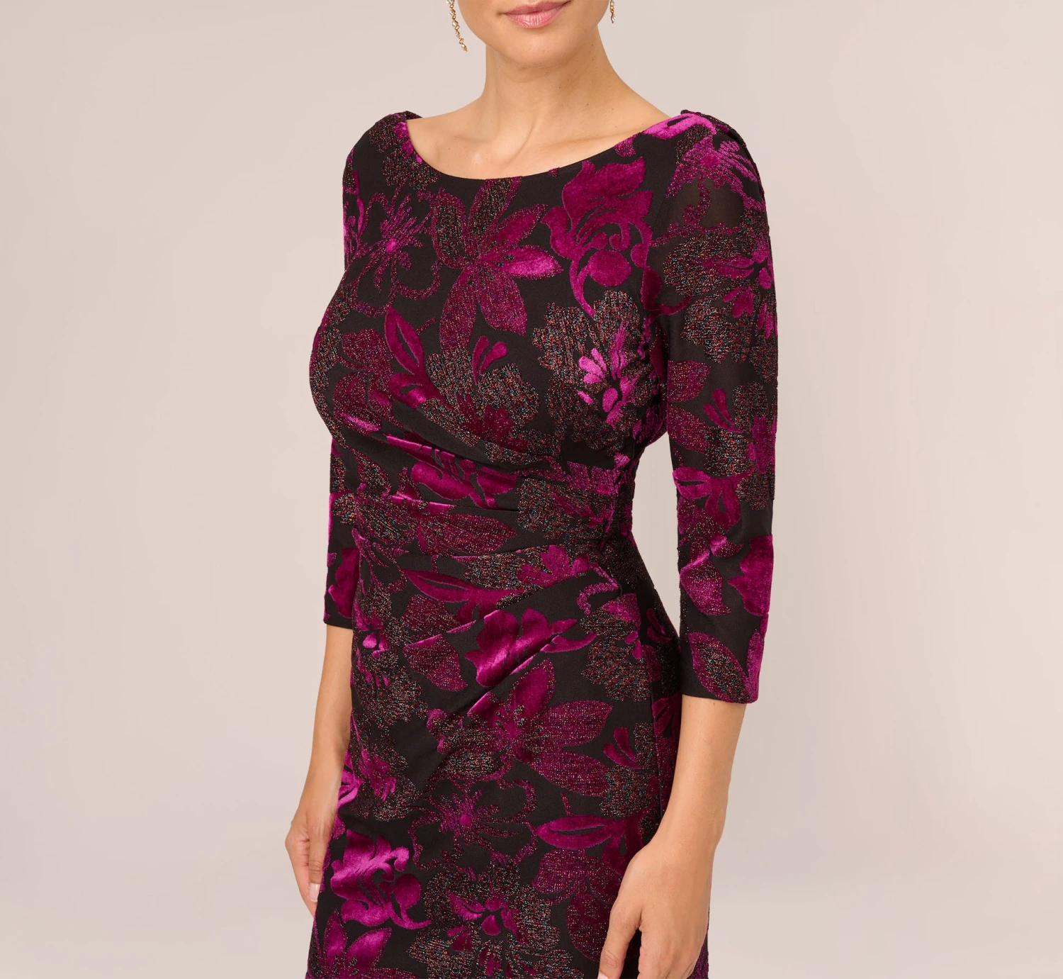 Adrianna Papell Metallic Burnout Velvet Dress With Shirred Details In Black Violet 3 Adrianna Papell Metallic Burnout Velvet Dress With Shirred Details In Black Violet - Image 3