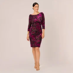 Adrianna Papell Metallic Burnout Velvet Dress With Shirred Details In Black Violet 12 Adrianna Papell Metallic Burnout Velvet Dress With Shirred Details In Black Violet -Glam Mirth Sales AP1D105146 AD505 Regular Front