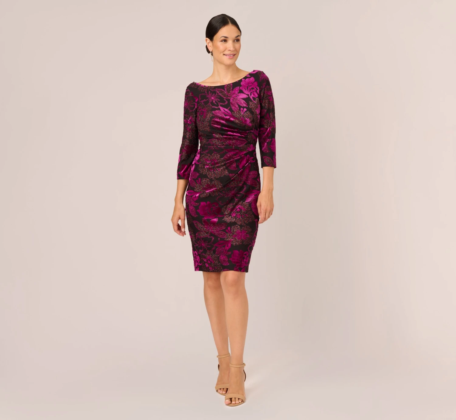 Adrianna Papell Metallic Burnout Velvet Dress With Shirred Details In Black Violet 6 Adrianna Papell Metallic Burnout Velvet Dress With Shirred Details In Black Violet - Image 6