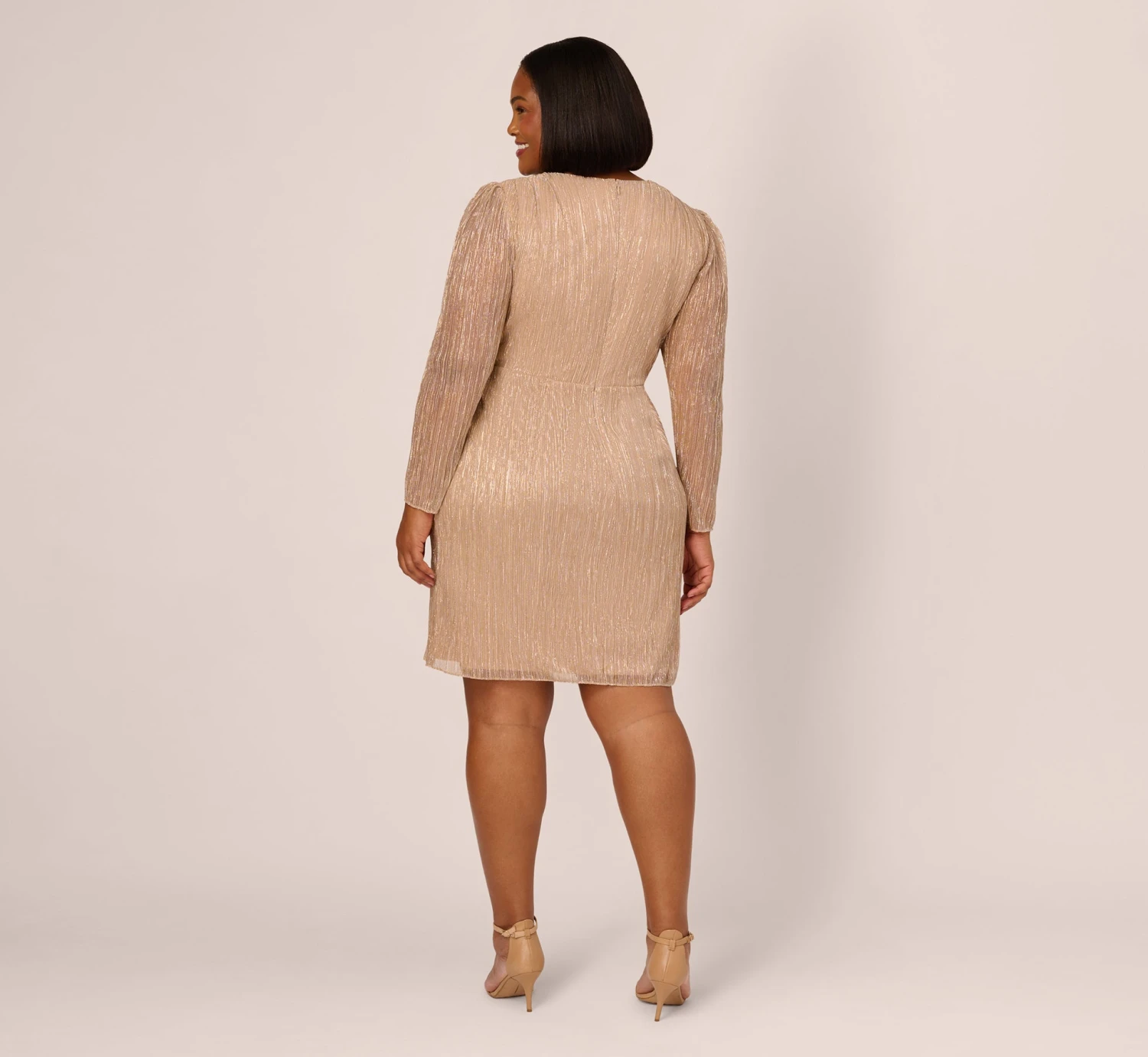 Adrianna Papell Plus Size Metallic Long Sleeve Dress With Draped Details In Light Gold 4 Adrianna Papell Plus Size Metallic Long Sleeve Dress With Draped Details In Light Gold - Image 4