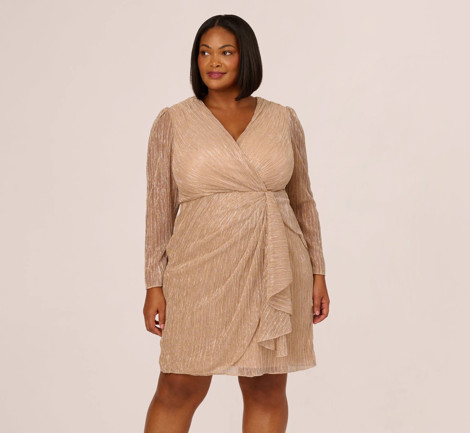 Adrianna Papell Plus Size Metallic Long Sleeve Dress With Draped Details In Light Gold 1 Adrianna Papell Plus Size Metallic Long Sleeve Dress With Draped Details In Light Gold