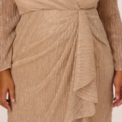 Adrianna Papell Plus Size Metallic Long Sleeve Dress With Draped Details In Light Gold 9 Adrianna Papell Plus Size Metallic Long Sleeve Dress With Draped Details In Light Gold -Glam Mirth Sales AP1D105147 AA267 Plus Detail