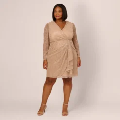 Adrianna Papell Plus Size Metallic Long Sleeve Dress With Draped Details In Light Gold 12 Adrianna Papell Plus Size Metallic Long Sleeve Dress With Draped Details In Light Gold -Glam Mirth Sales AP1D105147 AA267 Plus Front
