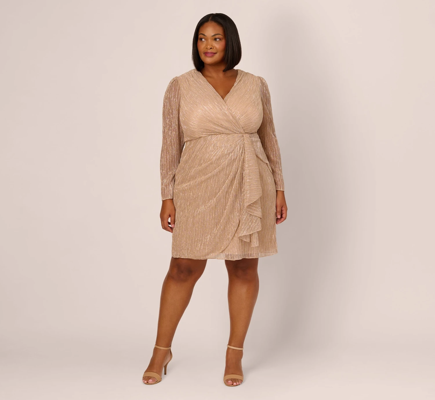 Adrianna Papell Plus Size Metallic Long Sleeve Dress With Draped Details In Light Gold 6 Adrianna Papell Plus Size Metallic Long Sleeve Dress With Draped Details In Light Gold - Image 6