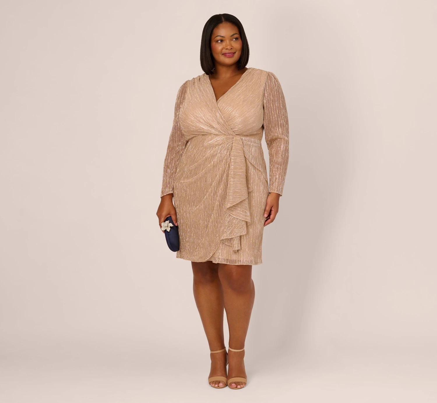 Adrianna Papell Plus Size Metallic Long Sleeve Dress With Draped Details In Light Gold 2 Adrianna Papell Plus Size Metallic Long Sleeve Dress With Draped Details In Light Gold - Image 2