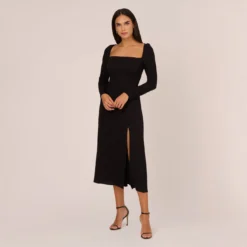 Adrianna Papell Long Sleeve Midi Dress With Tie-Back In Black
