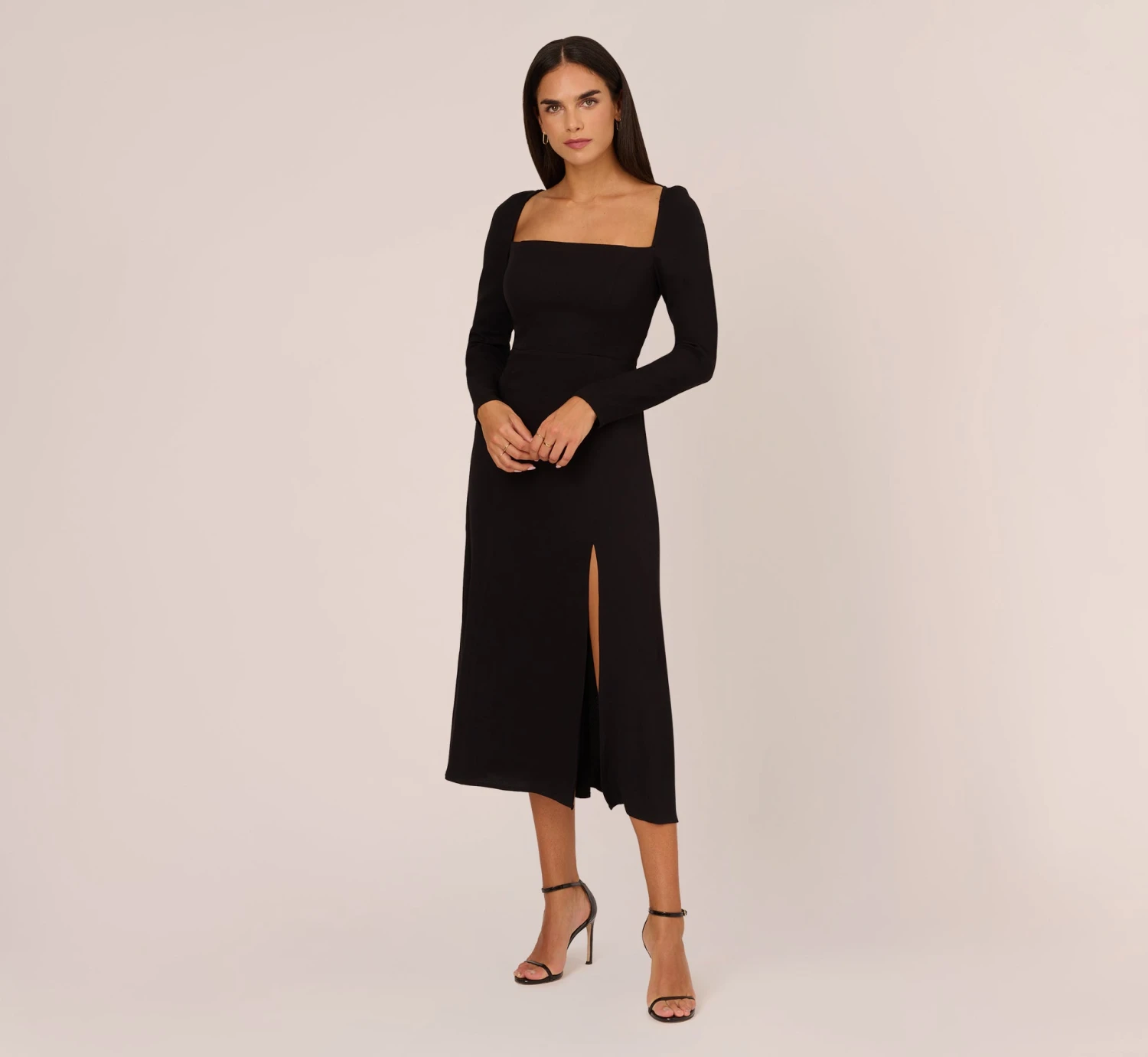 Adrianna Papell Long Sleeve Midi Dress With Tie-Back In Black 1 Adrianna Papell Long Sleeve Midi Dress With Tie-Back In Black