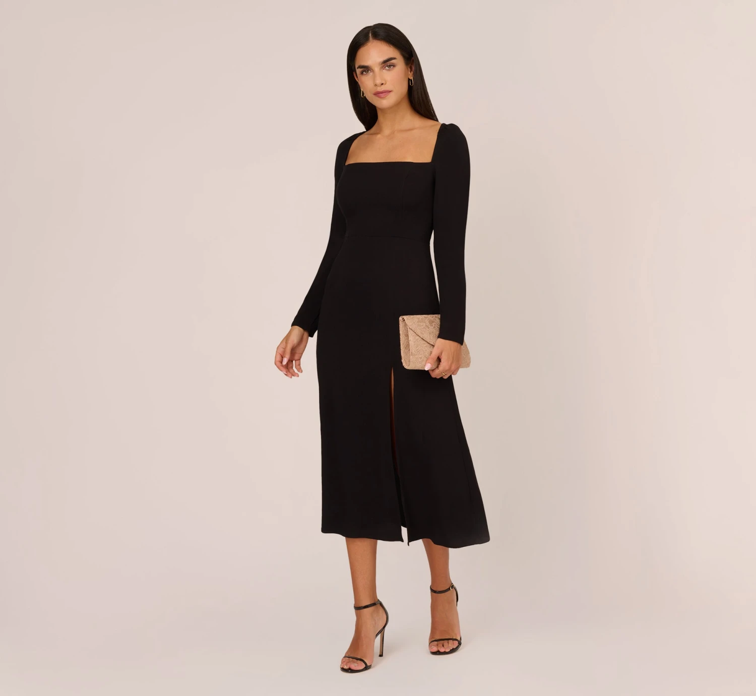 Adrianna Papell Long Sleeve Midi Dress With Tie-Back In Black 2 Adrianna Papell Long Sleeve Midi Dress With Tie-Back In Black - Image 2