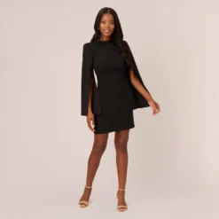 Adrianna Papell Crepe Mini Dress With Split Long Sleeves In Black 15 Adrianna Papell Crepe Mini Dress With Split Long Sleeves In Black -Glam Mirth Sales AP1D105157 AA002 Regular Front
