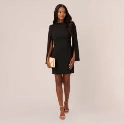 Adrianna Papell Crepe Mini Dress With Split Long Sleeves In Black 10 Adrianna Papell Crepe Mini Dress With Split Long Sleeves In Black -Glam Mirth Sales AP1D105157 AA002 Regular Side