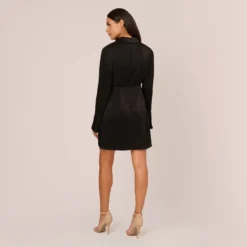 Adrianna Papell Satin Faux Wrap Dress With Long Sleeves In Black 10 Adrianna Papell Satin Faux Wrap Dress With Long Sleeves In Black -Glam Mirth Sales AP1D105159 AA002 Regular Back