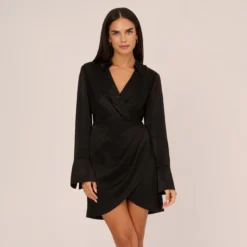 Adrianna Papell Satin Faux Wrap Dress With Long Sleeves In Black