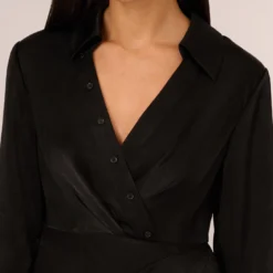 Adrianna Papell Satin Faux Wrap Dress With Long Sleeves In Black 9 Adrianna Papell Satin Faux Wrap Dress With Long Sleeves In Black -Glam Mirth Sales AP1D105159 AA002 Regular Detail
