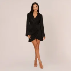 Adrianna Papell Satin Faux Wrap Dress With Long Sleeves In Black 13 Adrianna Papell Satin Faux Wrap Dress With Long Sleeves In Black -Glam Mirth Sales AP1D105159 AA002 Regular Front