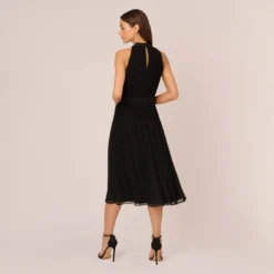 Adrianna Papell Pleated Sleeveless Chiffon Dress With Tie Waist In Black 9 Adrianna Papell Pleated Sleeveless Chiffon Dress With Tie Waist In Black -Glam Mirth Sales AP1D105165 AA002 Regular Back