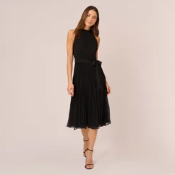 Adrianna Papell Pleated Sleeveless Chiffon Dress With Tie Waist In Black
