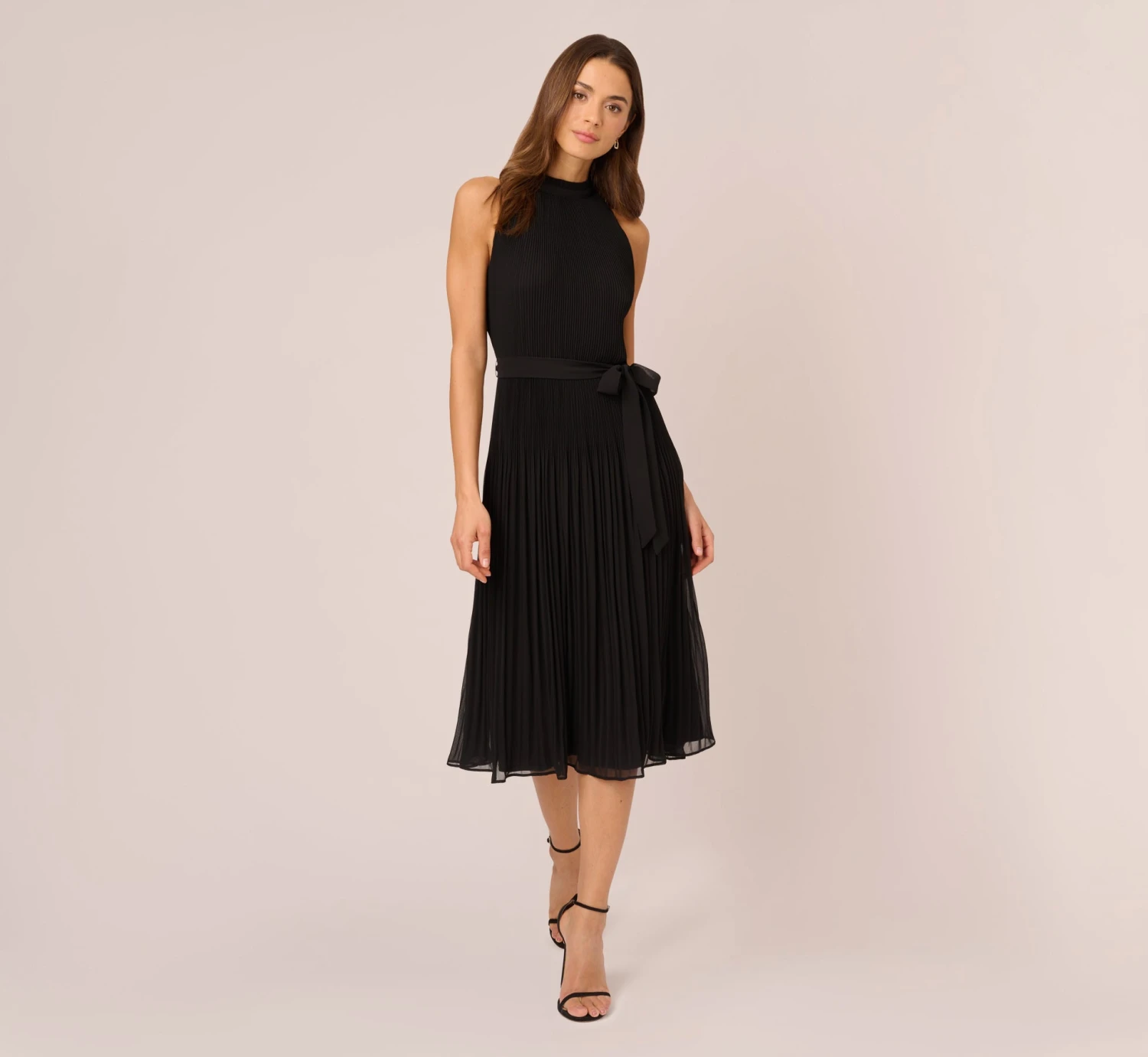 Adrianna Papell Pleated Sleeveless Chiffon Dress With Tie Waist In Black 1 Adrianna Papell Pleated Sleeveless Chiffon Dress With Tie Waist In Black