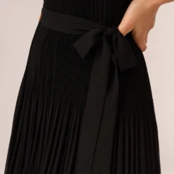 Adrianna Papell Pleated Sleeveless Chiffon Dress With Tie Waist In Black 10 Adrianna Papell Pleated Sleeveless Chiffon Dress With Tie Waist In Black -Glam Mirth Sales AP1D105165 AA002 Regular Lifestyle
