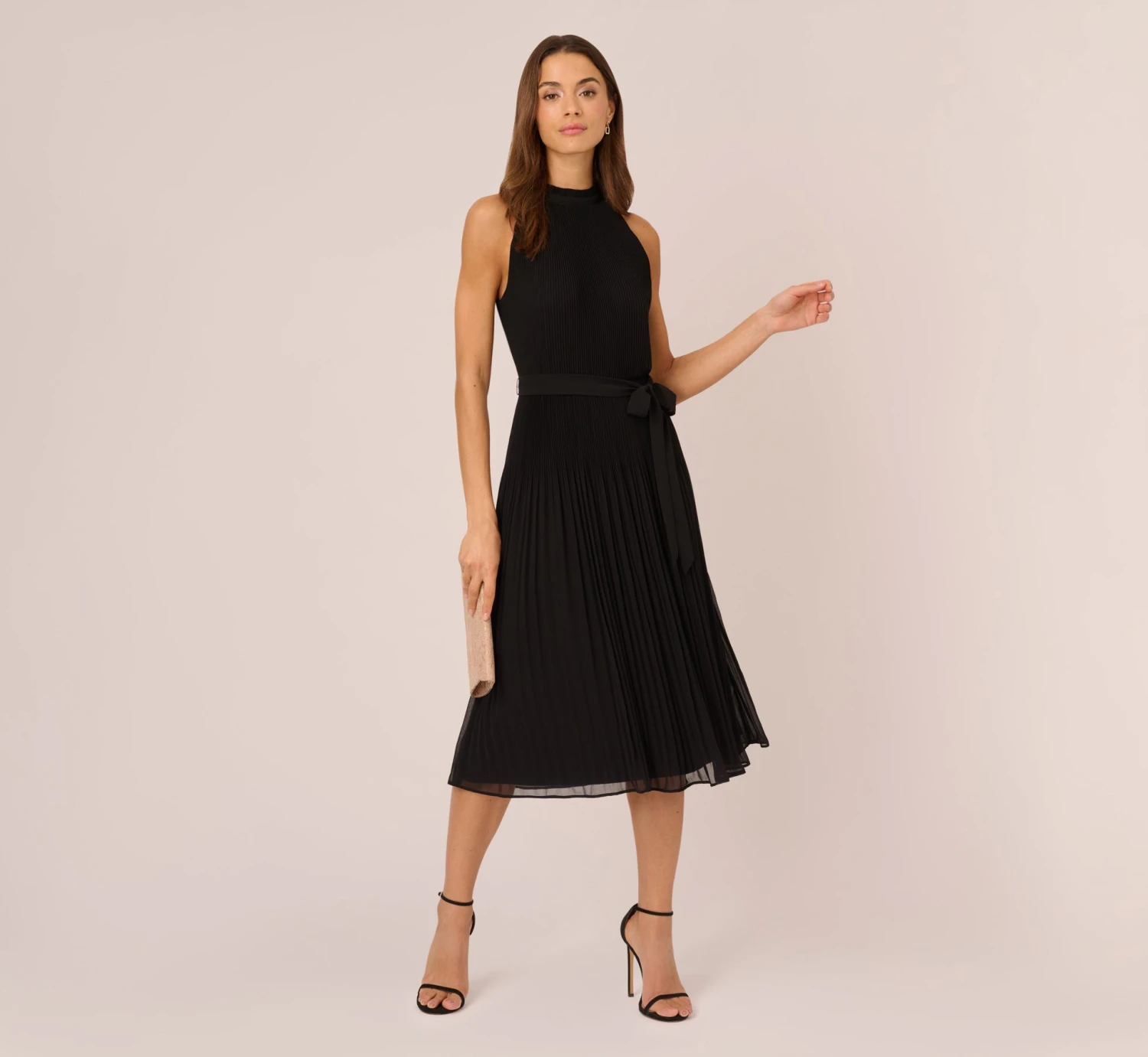 Adrianna Papell Pleated Sleeveless Chiffon Dress With Tie Waist In Black 2 Adrianna Papell Pleated Sleeveless Chiffon Dress With Tie Waist In Black - Image 2