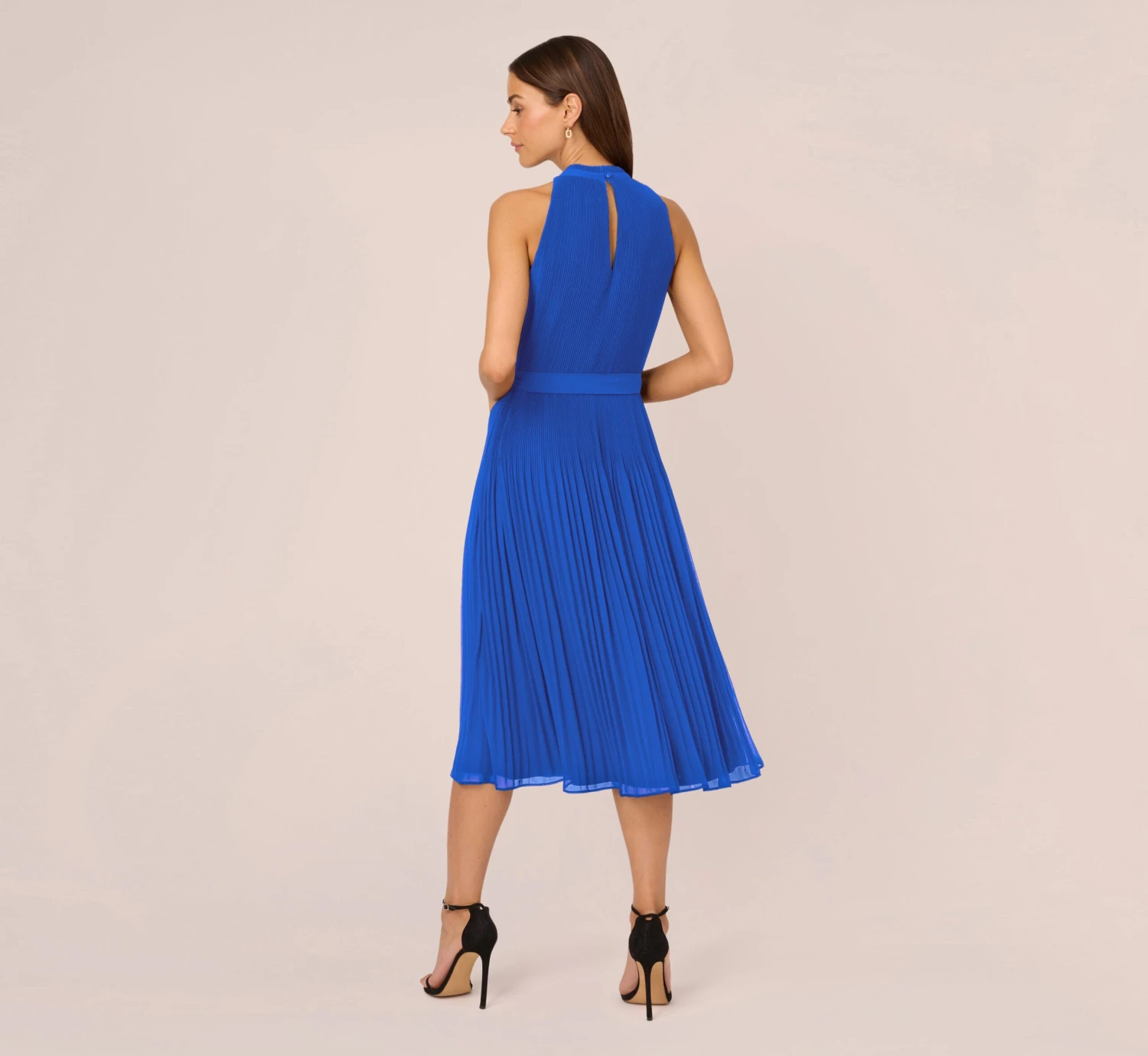 Adrianna Papell Pleated Sleeveless Chiffon Dress With Tie Waist In Dark Cobalt 4 Adrianna Papell Pleated Sleeveless Chiffon Dress With Tie Waist In Dark Cobalt - Image 4
