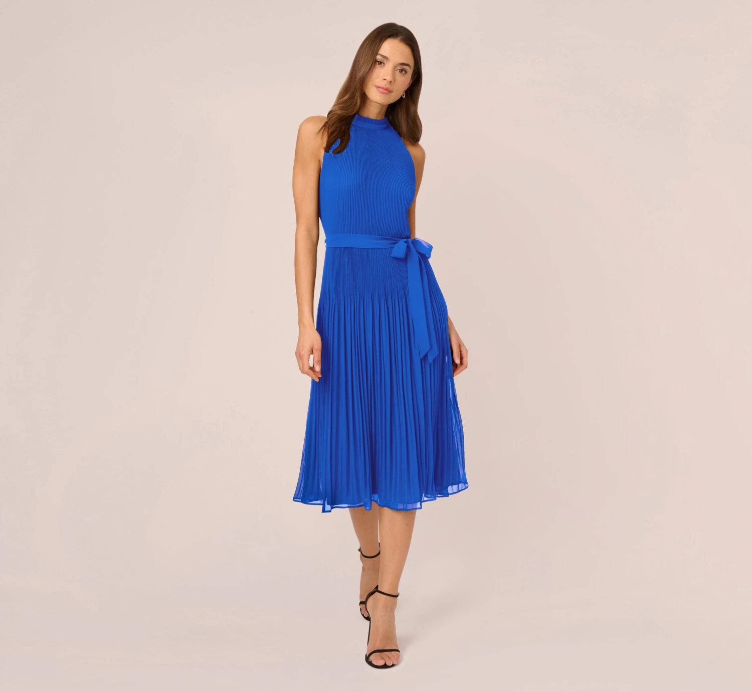 Adrianna Papell Pleated Sleeveless Chiffon Dress With Tie Waist In Dark Cobalt 2 Adrianna Papell Pleated Sleeveless Chiffon Dress With Tie Waist In Dark Cobalt - Image 2