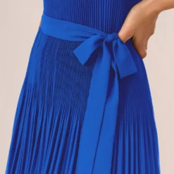 Adrianna Papell Pleated Sleeveless Chiffon Dress With Tie Waist In Dark Cobalt 10 Adrianna Papell Pleated Sleeveless Chiffon Dress With Tie Waist In Dark Cobalt -Glam Mirth Sales AP1D105165 AT401 Regular Lifestyle