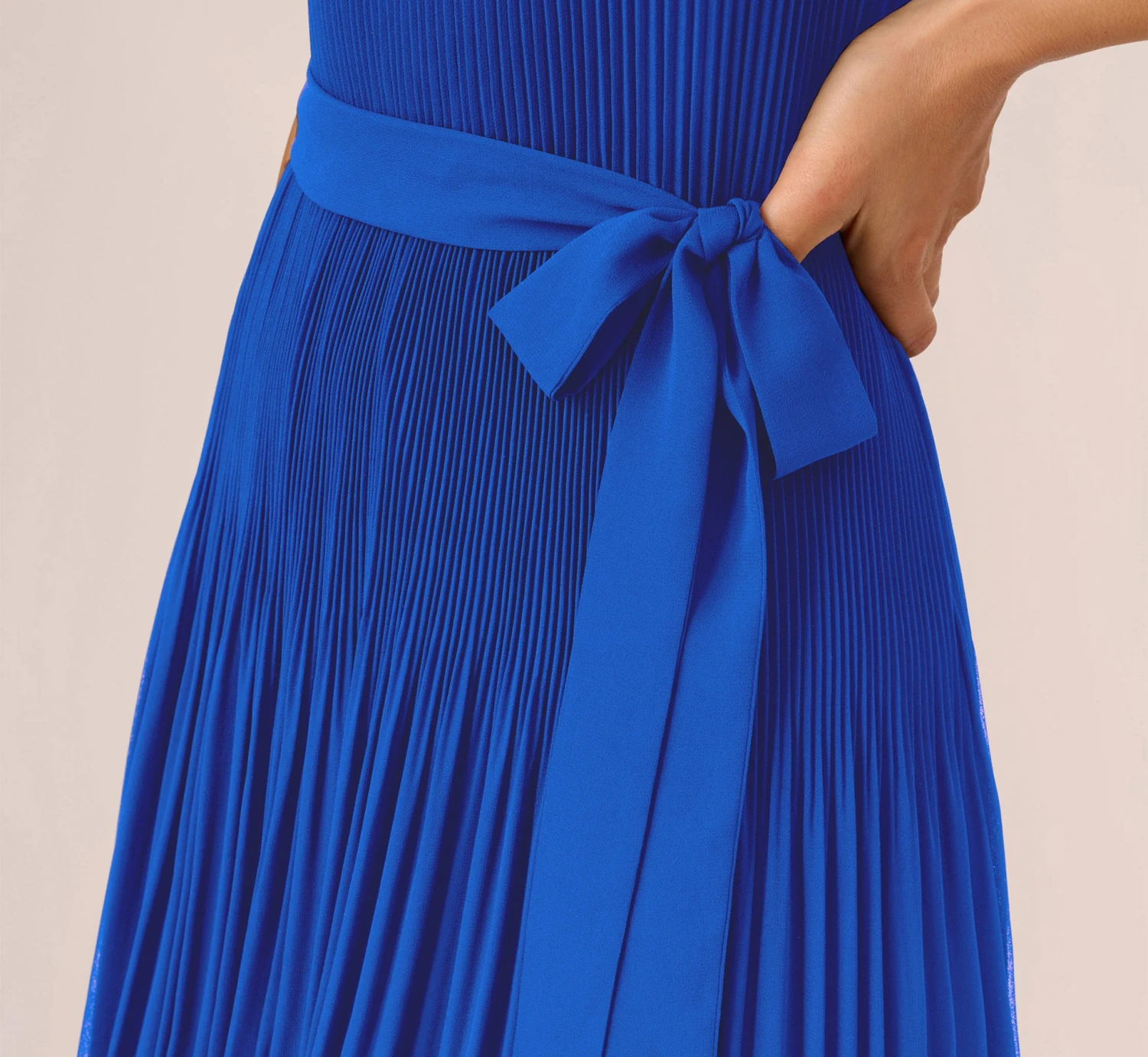 Adrianna Papell Pleated Sleeveless Chiffon Dress With Tie Waist In Dark Cobalt 5 Adrianna Papell Pleated Sleeveless Chiffon Dress With Tie Waist In Dark Cobalt - Image 5