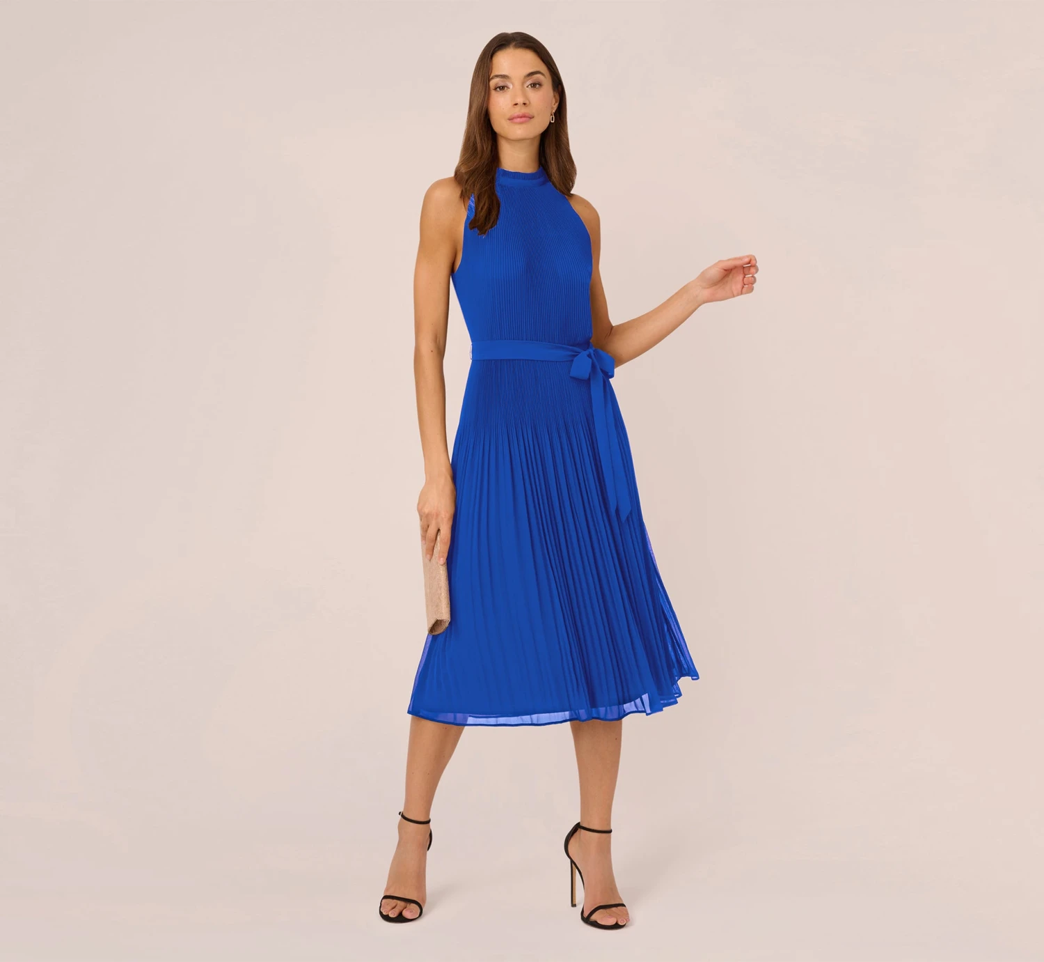Adrianna Papell Pleated Sleeveless Chiffon Dress With Tie Waist In Dark Cobalt 1 Adrianna Papell Pleated Sleeveless Chiffon Dress With Tie Waist In Dark Cobalt