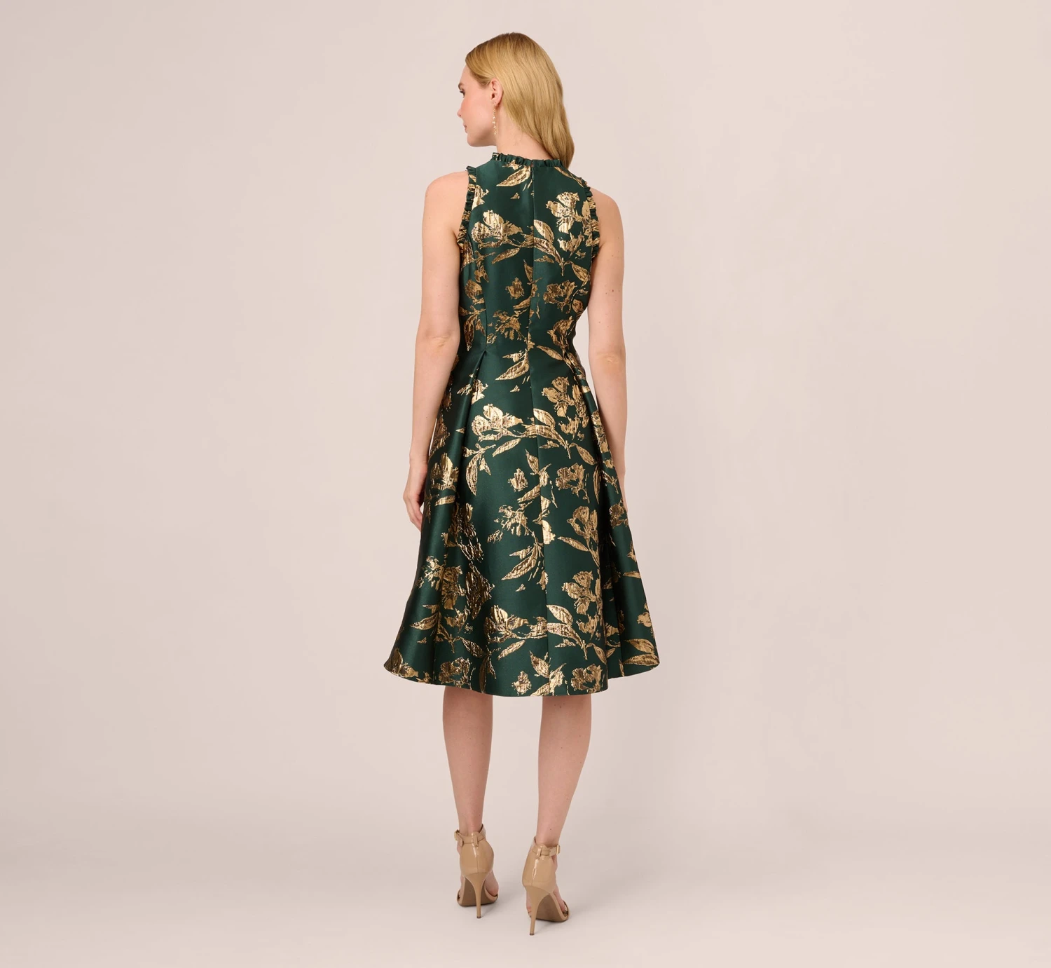 Adrianna Papell Metallic Jacquard High Low Dress With Ruffle Details In Hunter 4 Adrianna Papell Metallic Jacquard High Low Dress With Ruffle Details In Hunter - Image 4