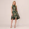Adrianna Papell Metallic Jacquard High Low Dress With Ruffle Details In Hunter