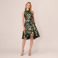 Adrianna Papell Metallic Jacquard High Low Dress With Ruffle Details In Hunter