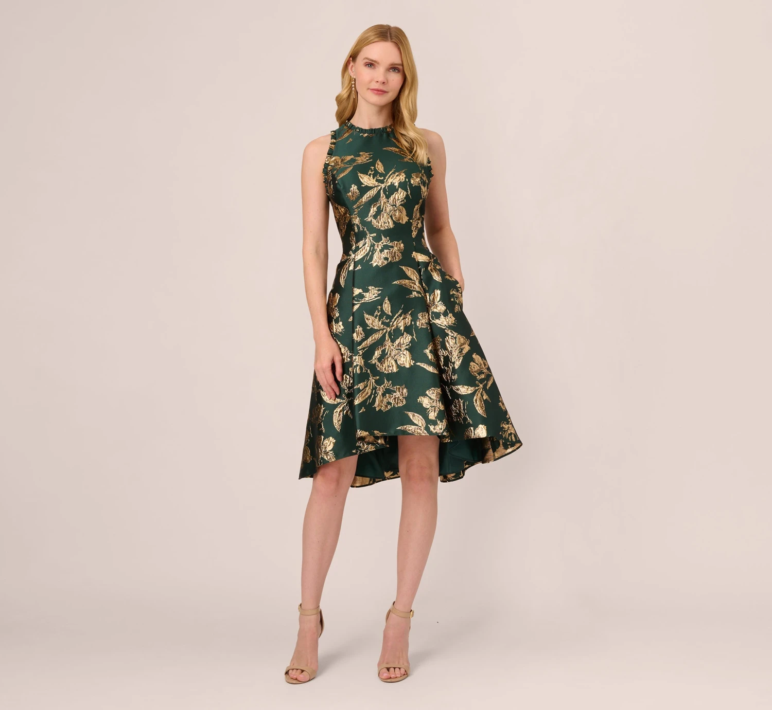 Adrianna Papell Metallic Jacquard High Low Dress With Ruffle Details In Hunter 1 Adrianna Papell Metallic Jacquard High Low Dress With Ruffle Details In Hunter