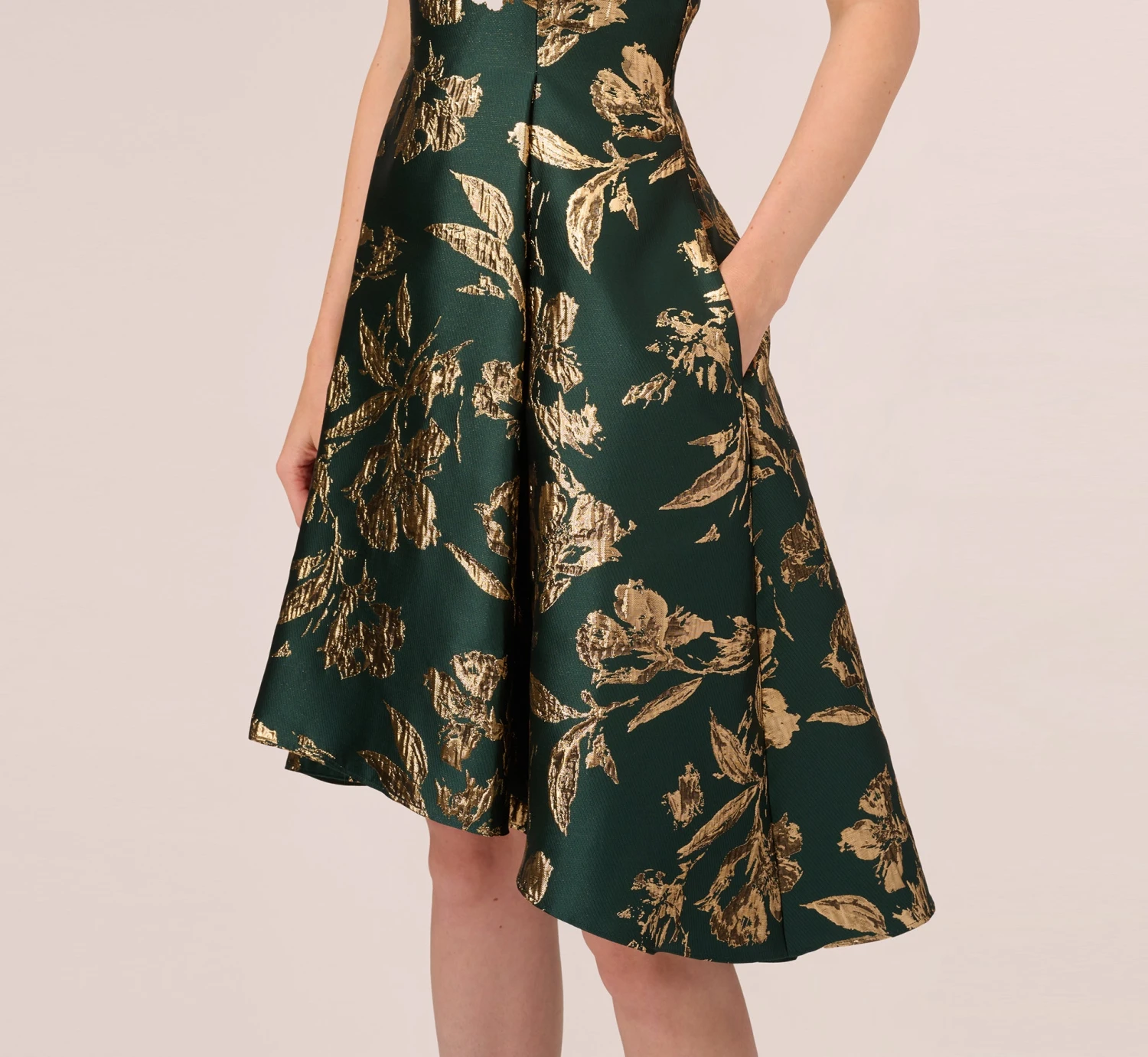 Adrianna Papell Metallic Jacquard High Low Dress With Ruffle Details In Hunter 5 Adrianna Papell Metallic Jacquard High Low Dress With Ruffle Details In Hunter - Image 5